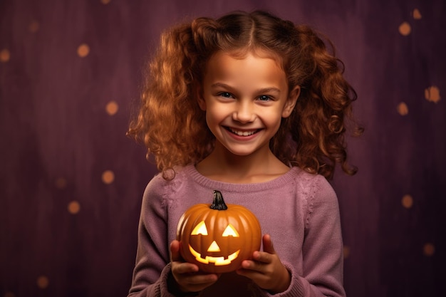 Een close-up foto van een lief en schattig klein meisje met een stralende glimlach, gekleed in een Halloween-kostuum Generatieve AI