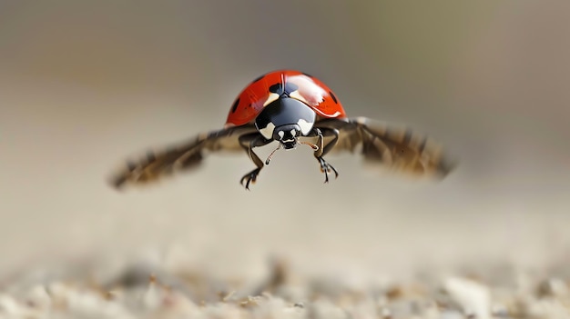 Foto een close-up foto van een lieveheedje in vlucht de lieveheidje is helderrood met zwarte vlekken en heeft zijn vleugels wijd uitgestrekt