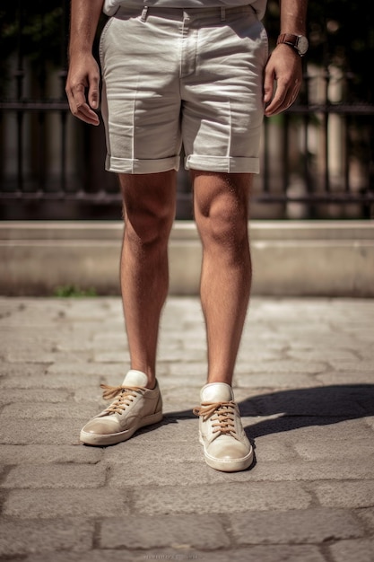 Foto een close-up foto van een man die in de zomer een korte broek en schoenen draagt