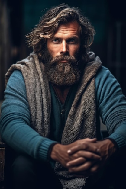 Een close-up foto van een man die op een houten bank zit met een baard