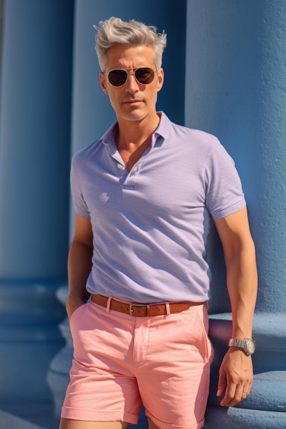 Een close-up foto van een man met een roze shorts en sunnies