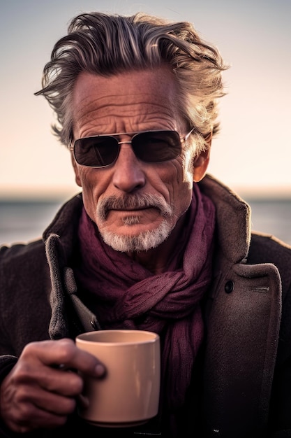 Een close-up foto van een oudere man op het strand die koffie drinkt