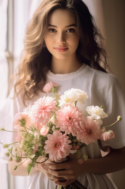 Een close-up foto van een vrouw met bouquets van roze bloemen in een witte jurk