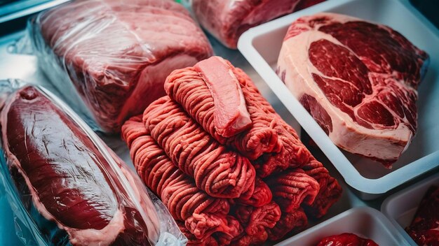 Foto een close-up foto van rauw vlees met een verscheidenheid aan snijstukken tenderloin ribeye en gemalen rundvlees