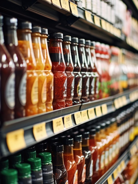 Een close-up foto van verschillende producten op een supermarktplank