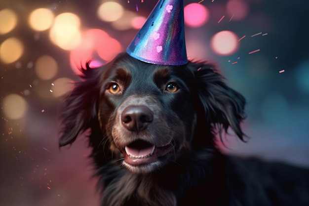 Een close-up gelukkige hond in een verjaardagshoed op blauwe achtergrond