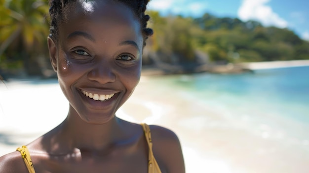 een close-up jonge glimlachende Afrikaans-Amerikaanse vrouw die op het strand loopt