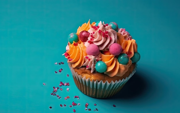 Een close-up kleurrijke cupcake op een pastel achtergrond zoet dessert bakkerij voedsel ai gegenereerd
