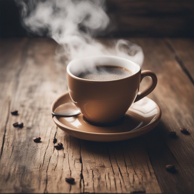 Een close-up koffiekop op een houten tafel met stijgende stoom