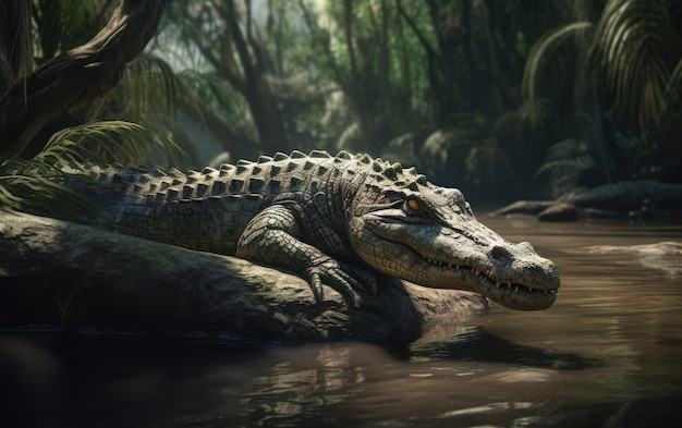 Een close-up krokodil alligator op een vorst rivier of vijver moeras achtergrond wild reptiel ai gegenereerd