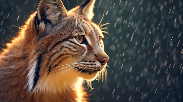 een close-up lynx met regendruppel op de achtergrond