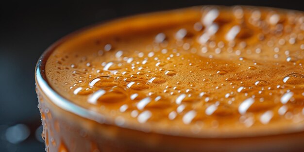 Een close-up macro opname die de bubbels en textuur van een heerlijke hete kop bruine koffie toont met een