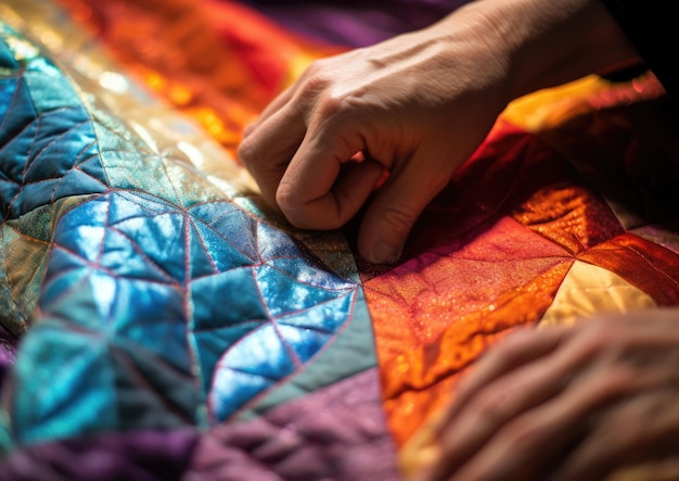 Foto een close-up opname van de hand van een quilter die een afgewerkte quilt vasthoudt en de ingewikkelde steken toont
