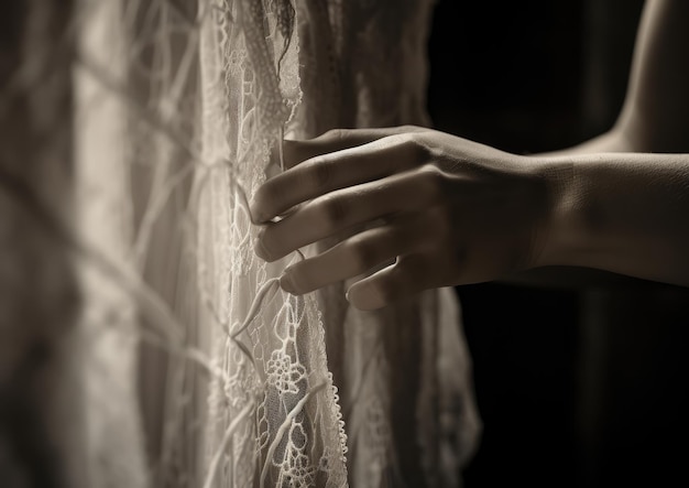 Een close-up opname van de handen van een wasvrouw die een delicaat kantgordijn zorgvuldig vastmaakt aan een waslijn