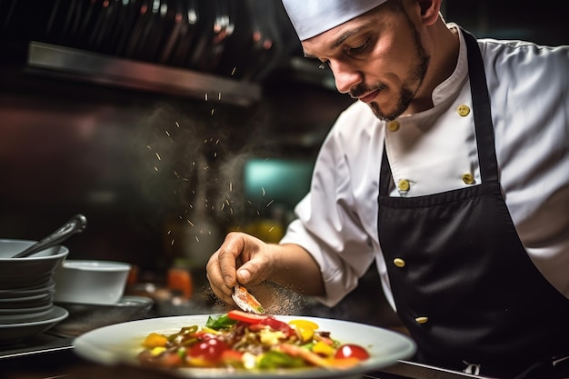 Een close-up opname van een chef-kok in een professionele keuken die vaardig een gerecht bereidt Generatieve AI