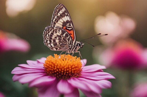 Foto een close-up opname van een delicate vlinder die rust op een levendige bloem met ingewikkelde patronen