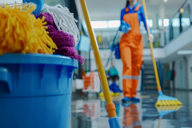 Foto een close-up opname van een emmer gevuld met reinigingsmiddelen met een professionele schoonmaker aan het werk op de achtergrond