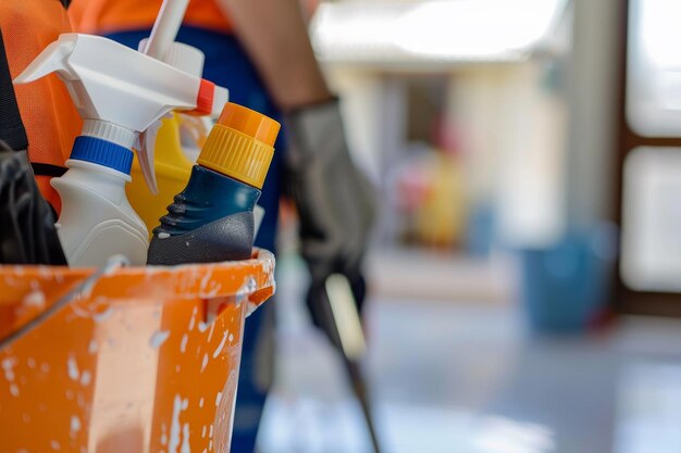 Foto een close-up opname van een emmer gevuld met reinigingsmiddelen met een professionele schoonmaker aan het werk op de achtergrond