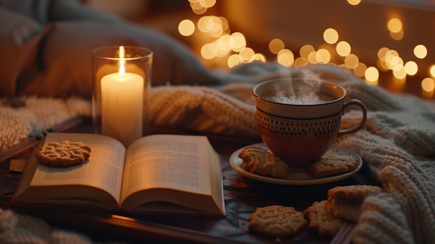 Foto een close-up opname van een kaarsenbak met een boek ondersteund open een kop stoomende thee en een bord met