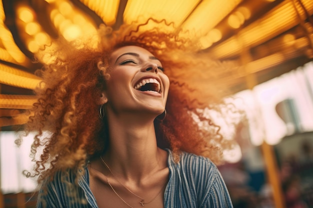 Een close-up opname van een meisje met haar haar in de wind terwijl ze op een carrousel rijdt in een pretpark Generatieve AI