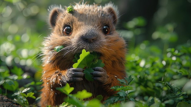 Een close-up opname van een mollige groundhog kauwt op een bladige snack zijn wangen gevuld als het enj