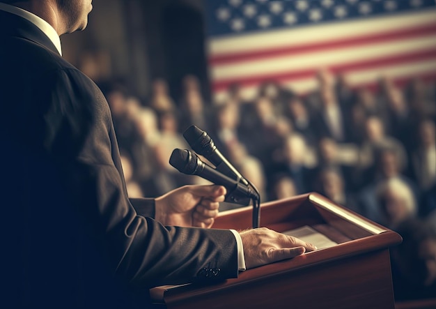 Foto een close-up opname van een politicus die een toespraak houdt op een podium, vastgelegd vanuit een hoge hoek tot