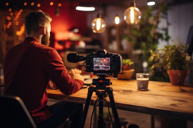 Een close-up opname van een professionele camera opname vlogger praten met een publiek