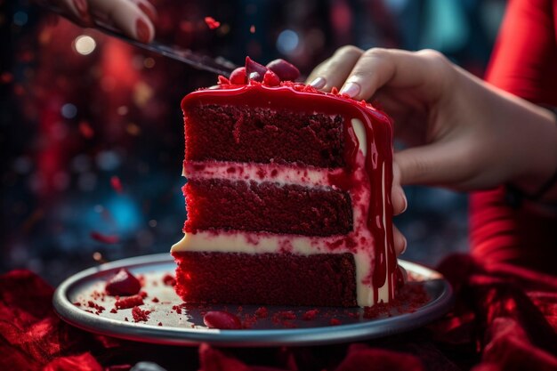 Foto een close-up opname van een rode fluweeltaart met chocoladesaus