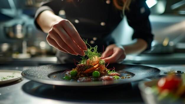 Een close-up opname van een vrouwelijke chef-kok in een restaurant die een maaltijd nauwkeurig versiert en haar aandacht voor detail en culinaire expertise toont