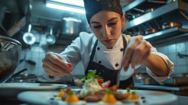 Foto een close-up opname van een vrouwelijke chef-kok in een restaurant die een maaltijd nauwkeurig versiert en haar aandacht voor detail en culinaire expertise toont