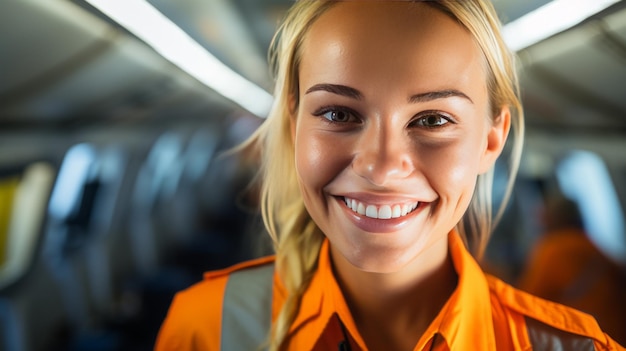 Foto een close-up opname van een vrouwelijke stewardess die in het gangpad van een vliegtuig staat