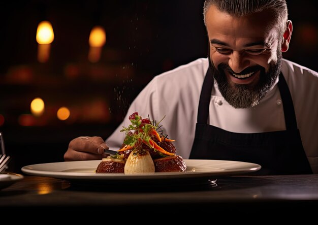 Foto een close-up opname van het gezicht van een chef-kok die de vreugde en voldoening vastlegt terwijl ze een prachtig p