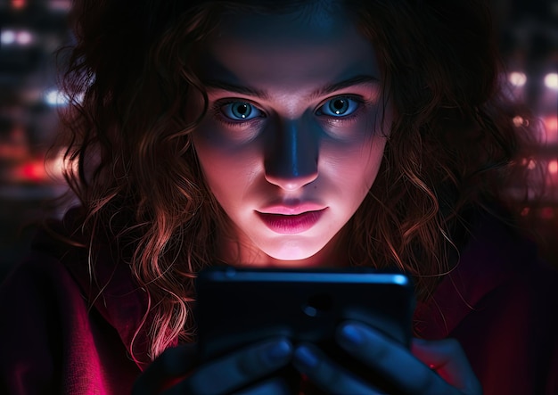Een close-up opname van het gezicht van een persoon verlicht door de zachte gloed van een smartphone-scherm