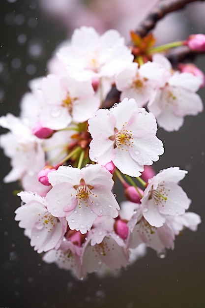 Foto een close-up opname van kersenbloesems met ochtenddauw die de frisheid van de lente benadrukt