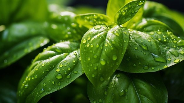 Een close-up opname van verse basilicumbladeren die glinsteren van de ochtenddauw in een weelderige tuin