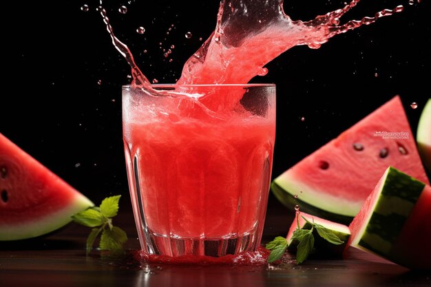 Een close-up opname van watermeloensap die in een glas vol ijs wordt gegoten