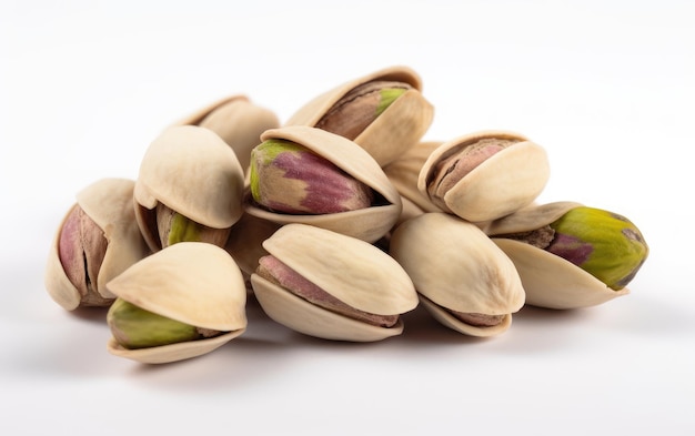 Een close-up pistachenoten geïsoleerd op een witte achtergrond gezond eco voedsel ai gegenereerd