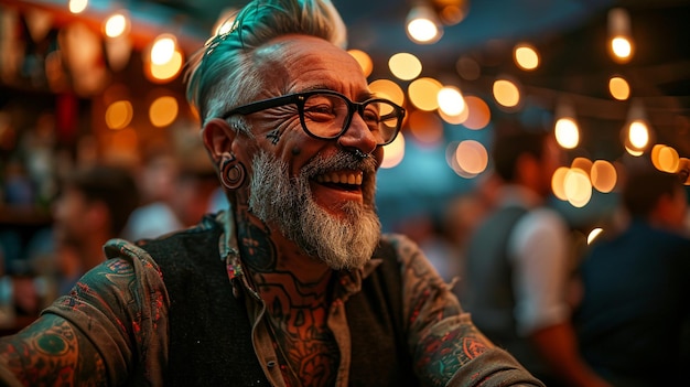 Een close-up portret van een 60-jarige getatoeëerde senior in een pub