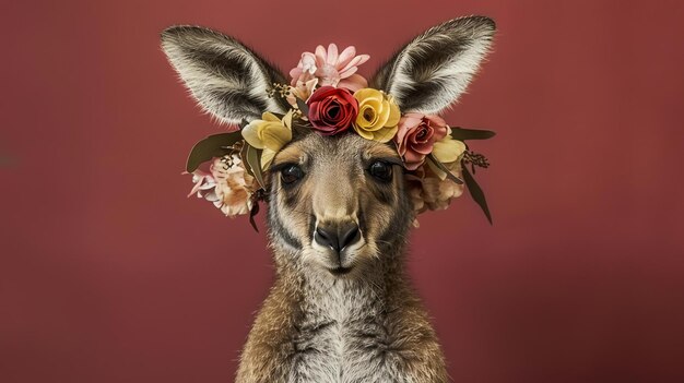 Een close-up portret van een kangoeroe die een bloemenkroon draagt De kangoo kijkt met een nieuwsgierige uitdrukking naar de camera