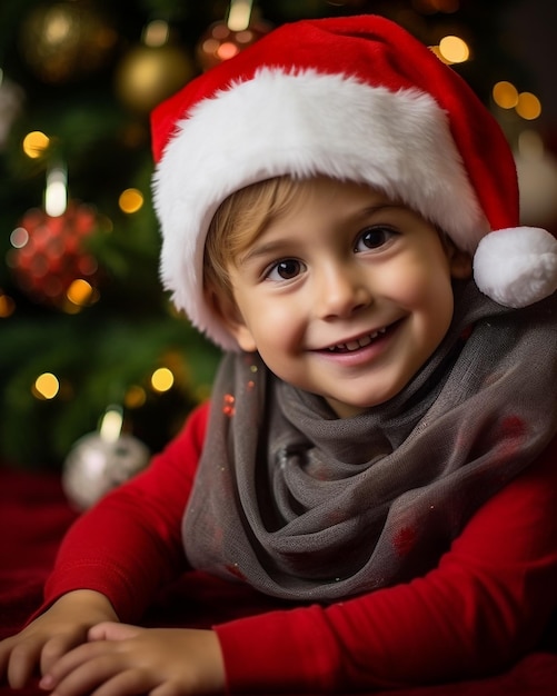Een close-up portret van een kind dat voor een kerstboom zit Kerst afbeelding fotorealistische illustratie