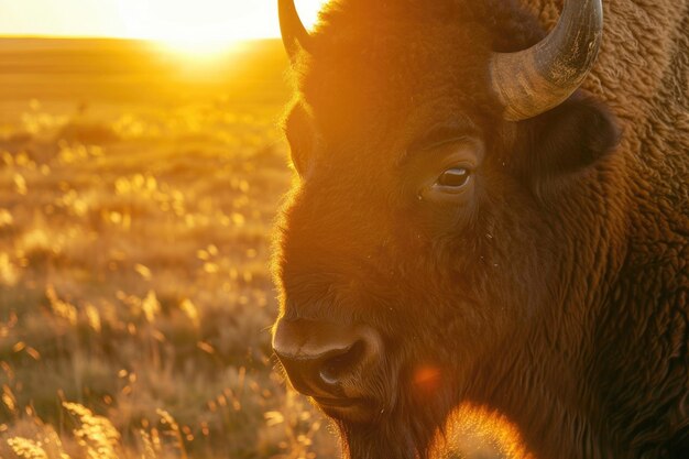 Een close-up portret van een majestueuze bizon in de gouden steppe