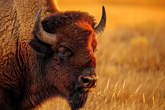 Een close-up portret van een majestueuze bizon in de gouden steppe