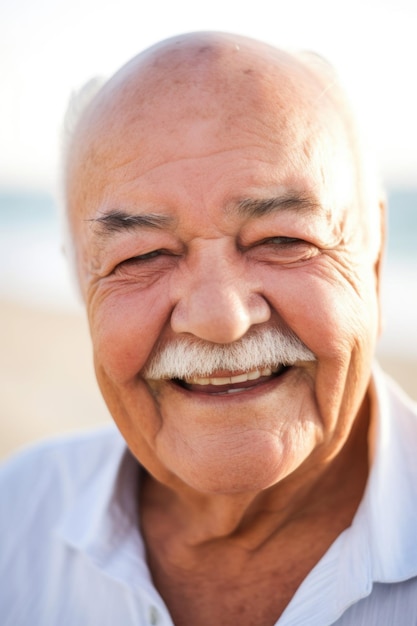 Een close-up portret van een oudere man die van zijn tijd op het strand geniet