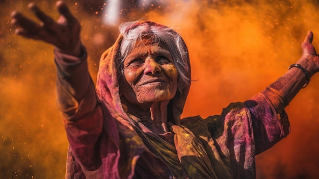 Een close-up portret van een oudere vrouw met kleurrijk poeder op haar gezicht ter ere van het door AI gegenereerde Holi-festival