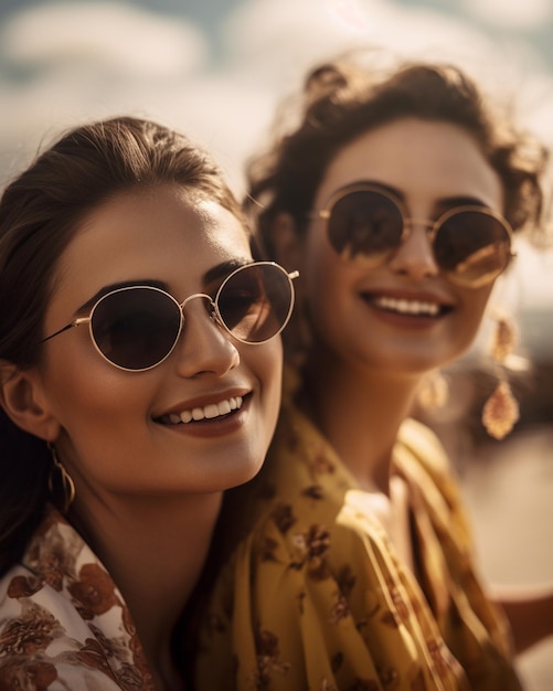 Een close-up portret van twee geweldige jonge vrouwen in stijlvolle zonnebril Generatieve AI