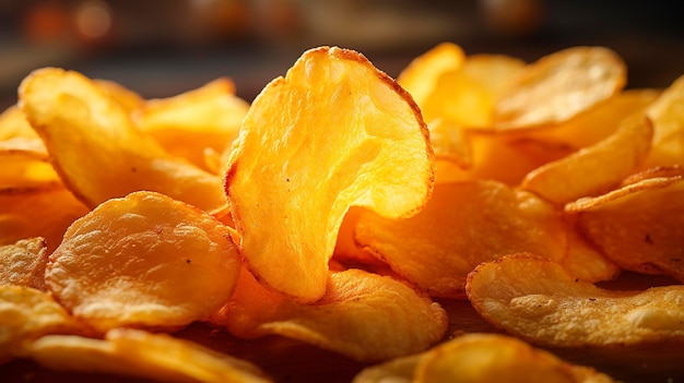 Een close-up shot van aardappelchips met kaassmaak die de kaasachtige coating laat zien