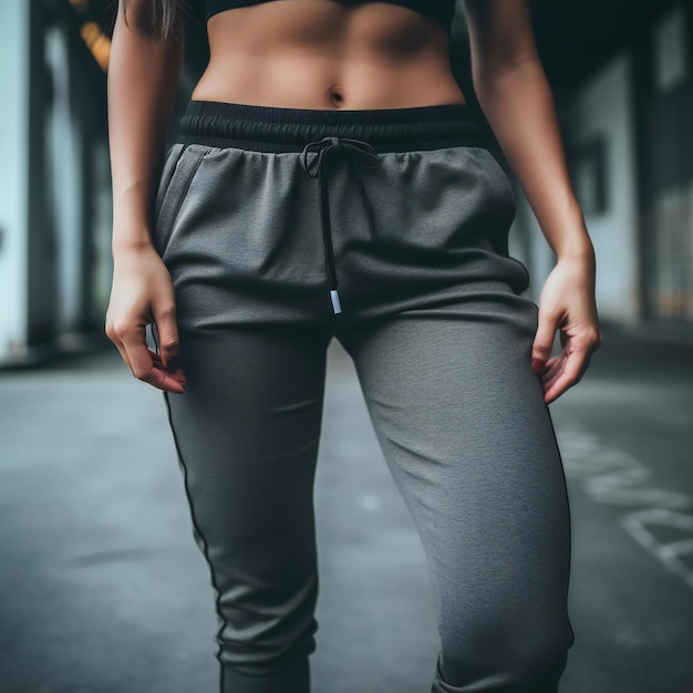 Een close-up shot van de benen van een vrouw die een grijze trainingsbroek draagt