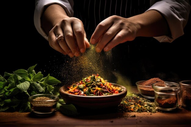 Een close-up shot van de handen van een chef-kok die een gerecht op smaak brengt met kruiden en specerijen