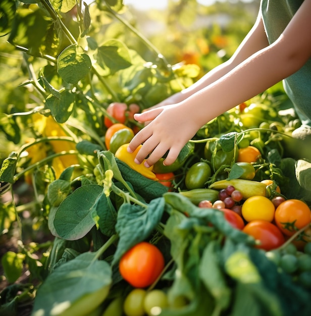 Een close-up shot van de handen van een kind dat vers fruit en groenten plukt van een dag van het voedsel op de boerderij