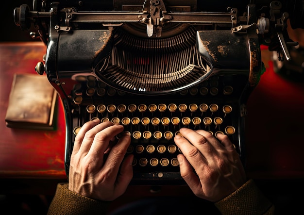 Een close-up shot van de handen van een romanschrijver die op een vintage typemachine typt en de ingewikkelde zaken vastlegt